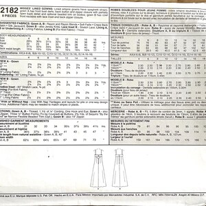 May include: A sewing pattern envelope for McCall's 2182, featuring instructions and technical illustrations for two styles of empire-waist gowns. The back of the envelope includes detailed sizing charts, fabric requirements in yards, and garment measurements in inches.
