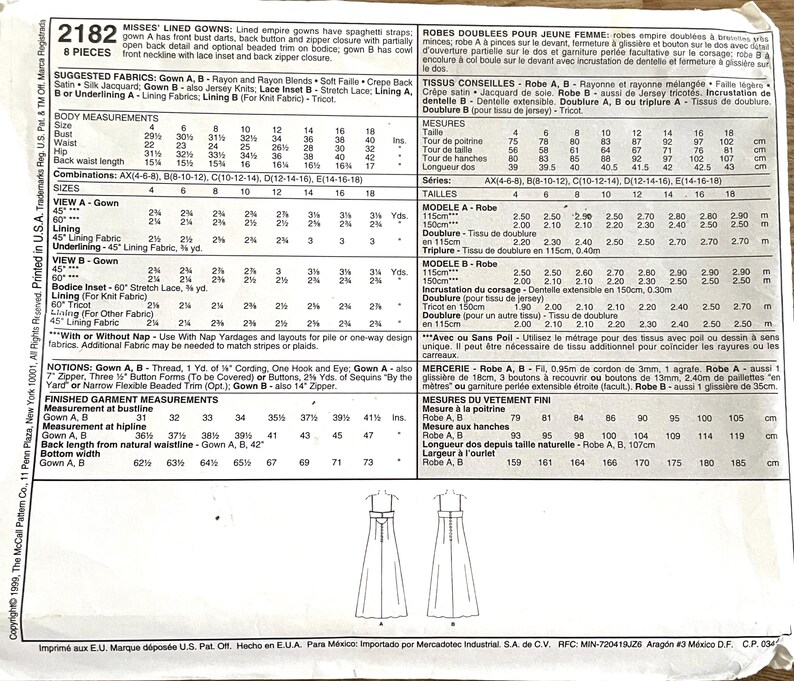 May include: A sewing pattern envelope for McCall's 2182, featuring instructions and technical illustrations for two styles of empire-waist gowns. The back of the envelope includes detailed sizing charts, fabric requirements in yards, and garment measurements in inches.