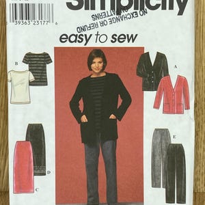May include: Simplicity pattern 8800, a sewing pattern for women's clothing, including tops, skirts, and a jacket. The package features the text "easy to sew" and size options XS, S, M, L, and XL. The pattern also includes European and French sizes.