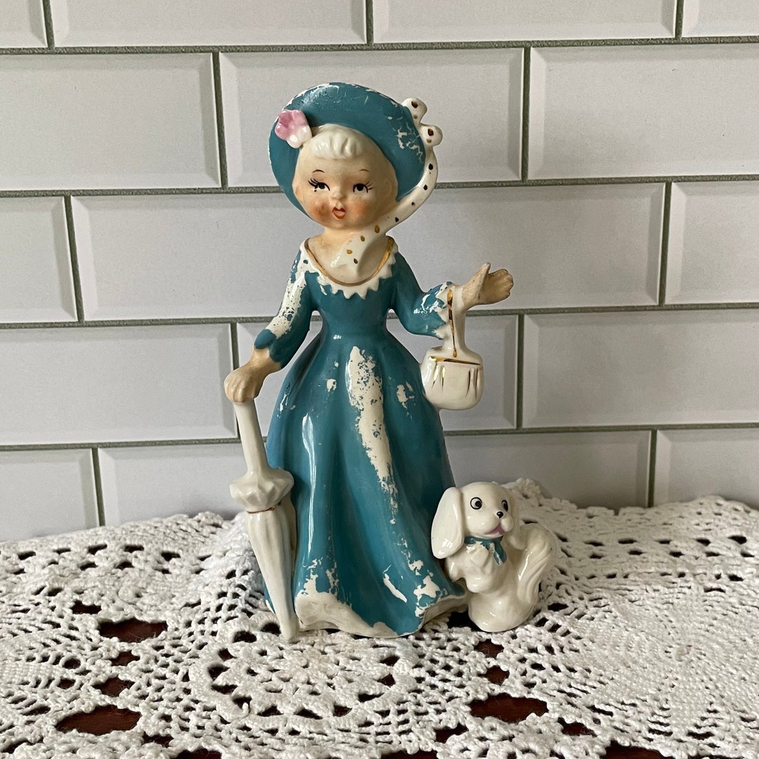 Shafford Figurine Lady With Dog and Umbrella Blue White and Pink Hand ...