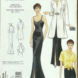 May include: Vintage Vogue sewing pattern V2859 from 1935. The illustration features a black evening gown with a high slit, a white coat with a decorative clasp, and a yellow top with a black skirt. The pattern includes the text "ORIGINAL 1935 DESIGN".