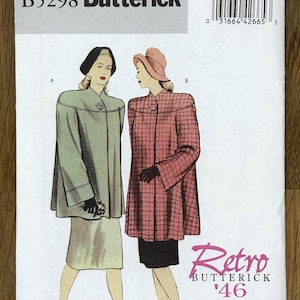 May include: A vintage Butterick sewing pattern, B5298, featuring illustrations of two women in retro coats. The pattern includes sizes 8-14. The cover has the text "Retro '46". The color palette includes shades of green, pink, and black.