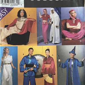 May include: A Simplicity sewing pattern for costumes. The pattern includes instructions for making a variety of costumes, including a genie, a wizard, a geisha, a samurai, and a Greek goddess. The pattern is easy to follow and includes detailed instructions and illustrations.