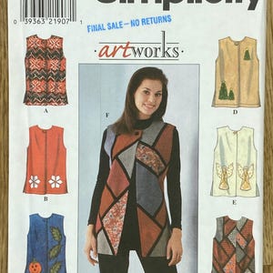 May include: Simplicity sewing pattern for vests, size BB L, XL. The pattern features various vest designs, including those with floral, geometric, and holiday-themed appliqués. The package includes the text "FINAL SALE - NO RETURNS".