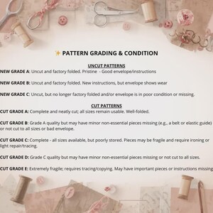 May include: A detailed guide to pattern grading and condition, with sections for uncut and cut patterns. Includes grading descriptions from New Grade A to Cut Grade E, with details on condition and usability. Sewing notions like scissors and spools are in the background.