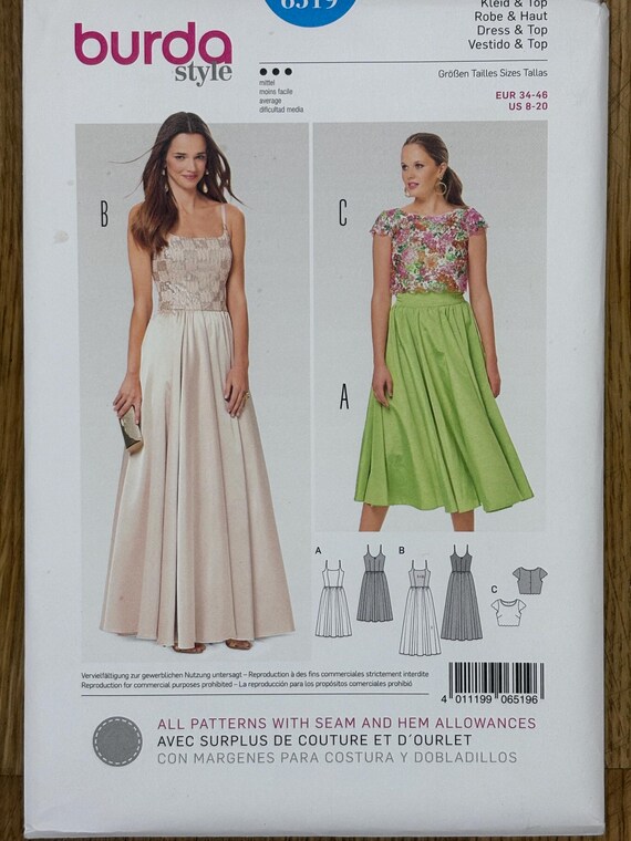 Burda 6519, taille femme (8-10-12-14-16-18-20), robe et haut, patron de  couture non coupé