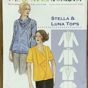 May include: A sewing pattern titled "Stella & Luna Tops" from The Sewing Workshop Collection. The cover features illustrations of two women wearing the tops, one in a blue and white striped top and the other in a yellow top. The pattern includes various top styles.