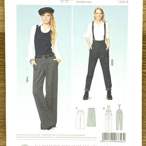 Op de afbeelding: Een Burda Young naaipatroon-envelop voor broeken, nummer 6856, met twee stijlen: wijde broeken met een riem en broeken met een hoge taille en bretels. De verpakking bevat maten voor EUR 32-42 en US 6-16, met illustraties van de afgewerkte kledingstukken.