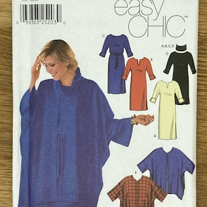 May include: Simplicity sewing pattern number 9870, easy chic, for sizes 6, 8, 10, and 12. The pattern includes five different styles of dresses and a top. The model is wearing a blue dress with a matching jacket. The pattern is designed by Karen Z.