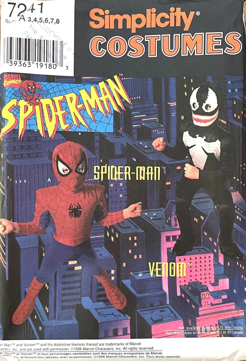 May include: Simplicity Costumes pattern featuring Spider-Man and Venom costumes. The Spider-Man costume is red and blue, while the Venom costume is black and white. The background shows a cityscape.