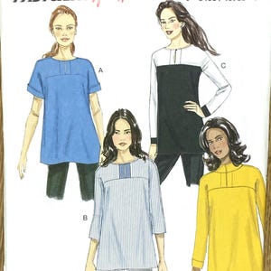 Könnte beinhalten: Ein Schnittmuster von Butterick, B6416, mit vier Tunika-Designs. Das Muster beinhaltet eine blaue Tunika mit kurzen Ärmeln, eine gestreifte Tunika, eine schwarz-weiß farbblockierte Tunika und eine gelbe Tunika mit langen Ärmeln. Das Muster ist mit "Fast & Easy" gekennzeichnet.