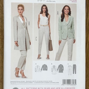 Op de afbeelding: Een Burda Style naaipatroon met drie vrouwen in verschillende broekpakken. Het patroon bevat opties voor een lange jas, een blazer en verschillende broekmodellen. Maten EUR 34-46 en US 8-20.