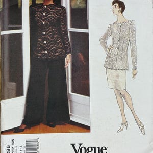 May include: Vogue pattern featuring a design by Scaasi. The pattern includes a drawing of a woman wearing a lace jacket and skirt. The image also shows a woman wearing a black lace jacket and pants. The pattern number is 1286.