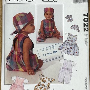 McCall’s 7022, Size (13-24 lbs.), Infants&#39; Jumpsuit And Romper With Optional Snap Crotch, Jumper, Hat And Shoes , 1994 Uncut sewing pattern
