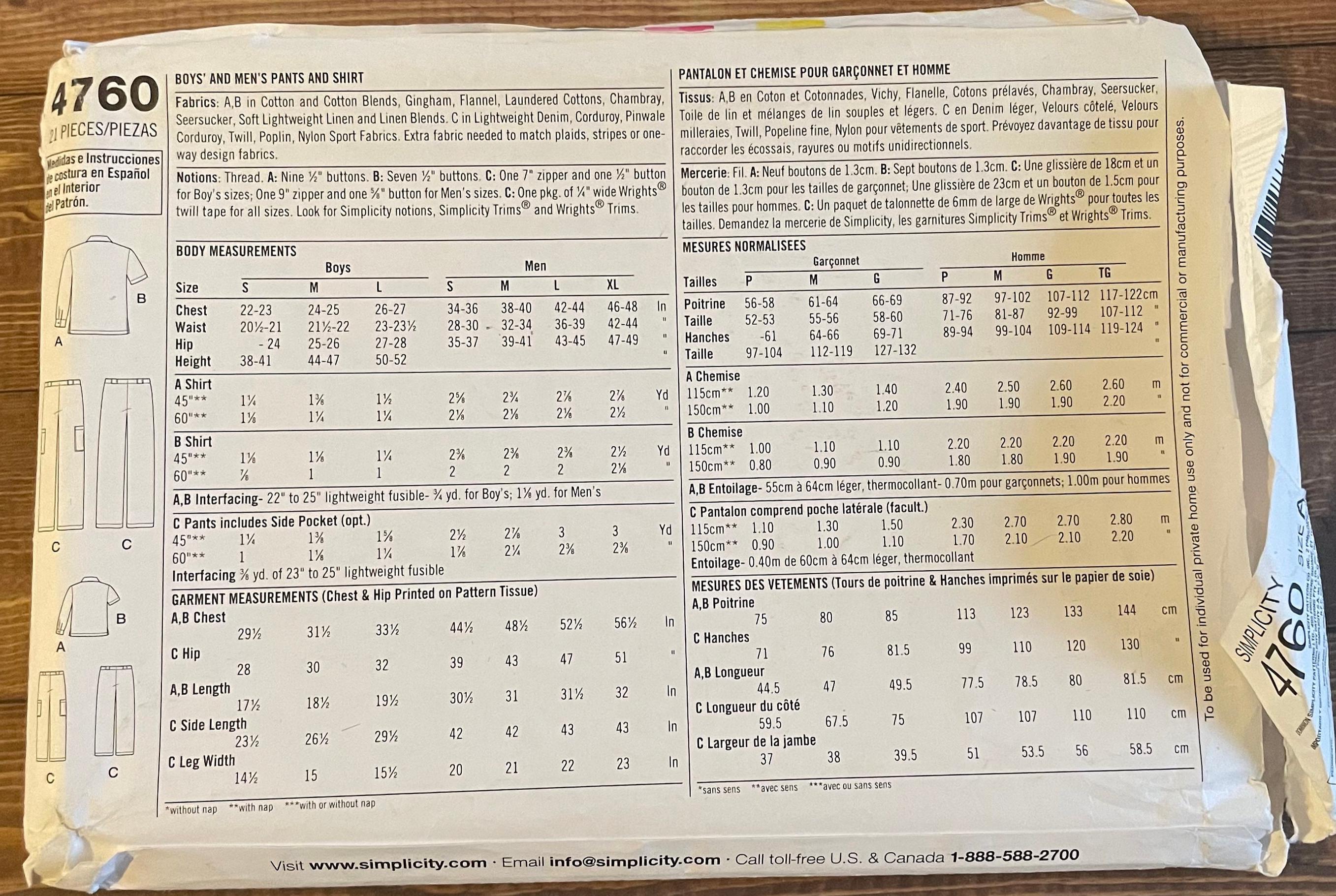 Simplicity 4760 Patrón De Costura De Camisa Y Pantalones