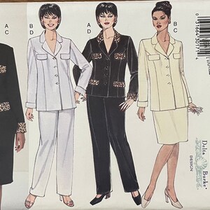 May include: A sewing pattern for a jacket and skirt set. The pattern includes three different styles: a black jacket with leopard print trim, a white jacket and pants set, and a cream jacket and skirt set. The pattern is from Butterick and is size 22W-24W-26W.