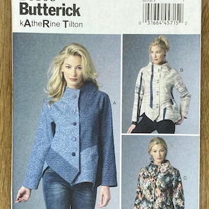 May include: Butterick sewing pattern B6106 showcasing three jacket designs. The main image displays a woman in a blue jacket with an asymmetrical design. The pattern includes sizes X-Small to Medium.