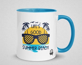 Funny Summer Beach Mug – Life's Good Ocean Vibes, Colorful Inside