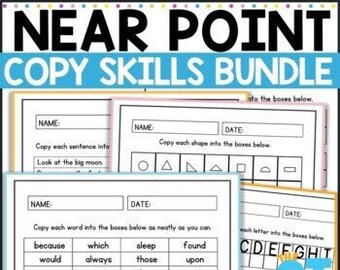 May include: A bundle of educational worksheets with the text "NEAR POINT COPY SKILLS BUNDLE" at the top. The worksheets include fill-in-the-blank exercises, shape copying, and word copying. The bottom of the image reads "OCCUPATIONAL THERAPY".