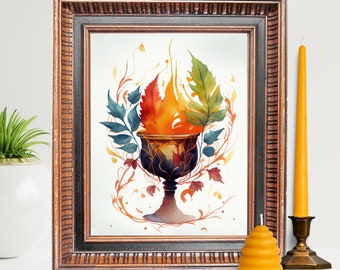 Watercolor Flaming Chalice Digital Art Print, UU Printable Wall Décor, Unitarian Universalist Rainbow Artwork, Nature Pagan Wiccan Altar Art
