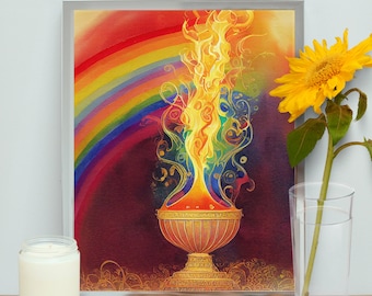 Classic Watercolor Flaming Chalice Digital Art Print, UU Printable Wall Décor, Unitarian Universalist Rainbow Artwork, Wiccan Pagan Altar