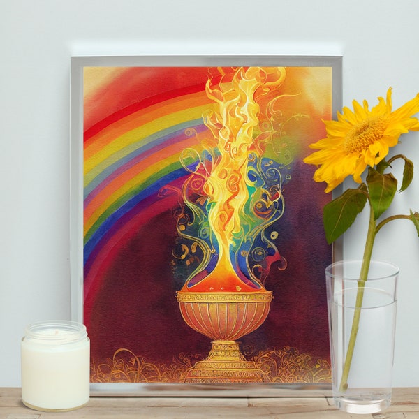 Classic Watercolor Flaming Chalice Digital Art Print, UU Printable Wall Décor, Unitarian Universalist Rainbow Artwork, Wiccan Pagan Altar