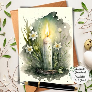 Imbolc Printable Greeting Card, Saint Brigid's Day Cards, Irish First Day of Spring, UU Holiday Digital Art Postcard, 5x7" Watercolor Candle