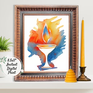 Bright Watercolor Flaming Chalice Digital Art Print, UU Printable Wall Décor, Unitarian Universalist Colorful Artwork, Wiccan Pagan Altar