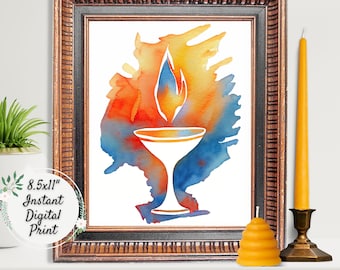 Bright Watercolor Flaming Chalice Digital Art Print, UU Printable Wall Décor, Unitarian Universalist Colorful Artwork, Wiccan Pagan Altar