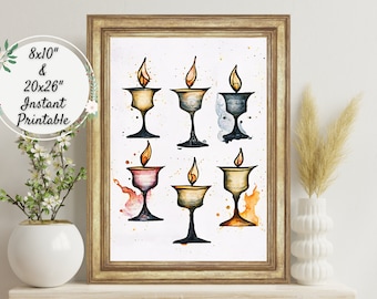 UU Watercolor Flaming Chalices Printable Wall Art, Unitarian Universalist Six Sources Painting Digital Artwork, Instant Wall Décor Art Print