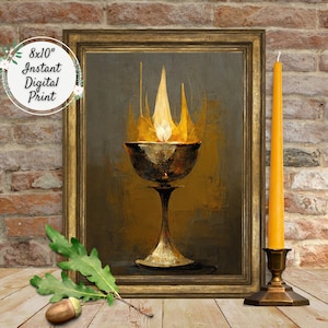 Dark Gold Painting Flaming Chalice Digital Art Print, UU Printable Wall Décor, Unitarian Universalist Elegant Artwork, Pagan Wiccan Altar