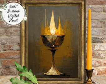 Dark Gold Painting Flaming Chalice Digital Art Print, UU Printable Wall Décor, Unitarian Universalist Elegant Artwork, Pagan Wiccan Altar