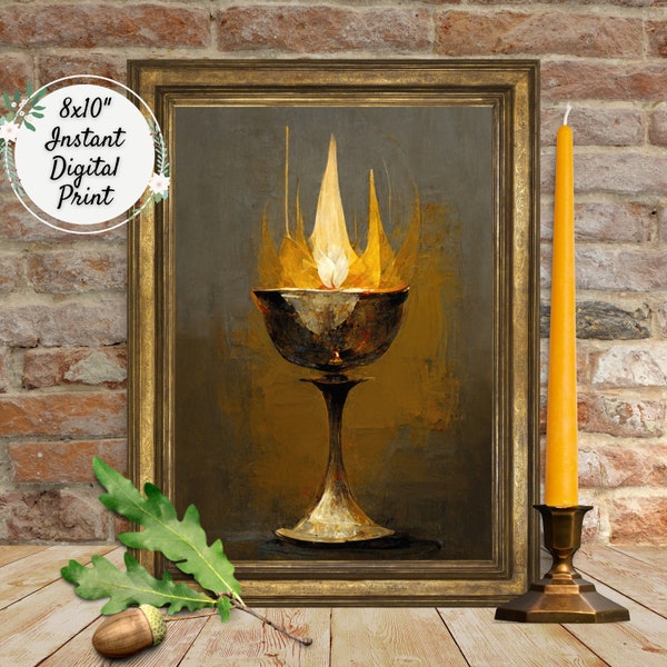 Dark Gold Painting Flaming Chalice Digital Art Print, UU Printable Wall Décor, Unitarian Universalist Elegant Artwork, Pagan Wiccan Altar