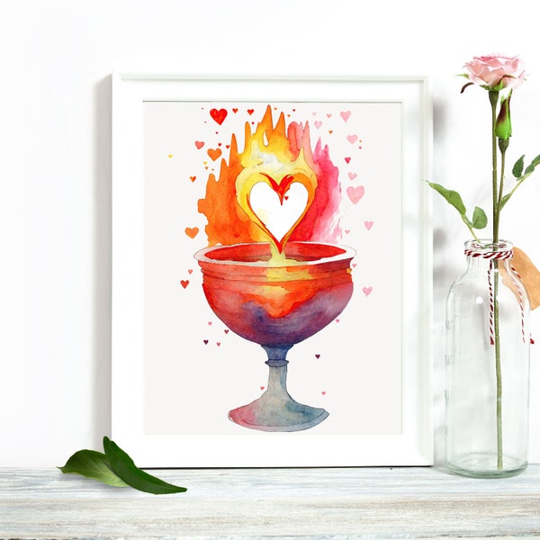 Watercolor Heart Flaming Chalice Digital Art Print, UU Printable Wall Décor, Unitarian Universalist Rainbow Artwork, Wiccan Love Pagan Altar