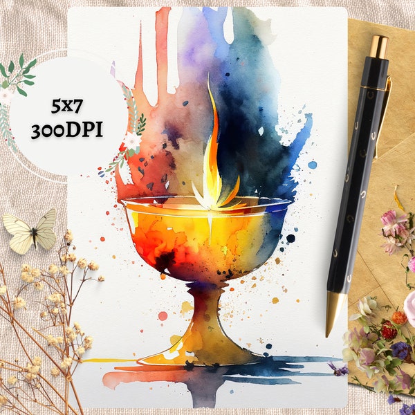 Watercolor Rainbow Unitarian Universalist Flaming Chalice Art, UU Printable Greeting Card, Digital Art Postcard, Blank Church Thank You Note