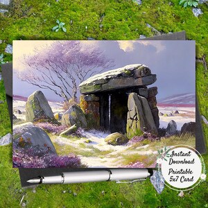 Irish Dolmen Printable Greeting Card, Imbolc Digital Art, UU Cards, Celtic Pagan First Day of Spring, Standing Stones Postcard, Wiccan Altar