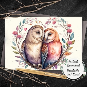 Owl Love Printable Valentine's Day Greeting Card, Valentine Digital Art Cards, Magical Postcard, Anniversary, Thinking of You, Just Because