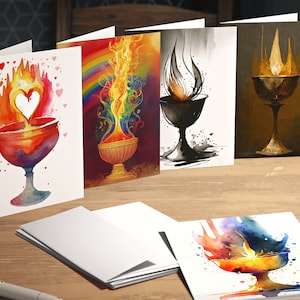 Multi Design Flaming Chalice Greeting Cards, 5 Pack Unitarian Universalist Art Cards, UU Watercolor Holiday Card, Pagan Wicca Witchy Chalice