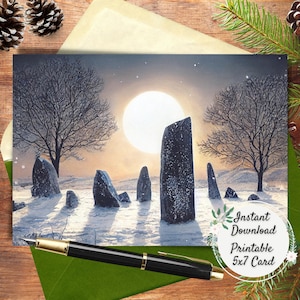 Stone Circle Printable Winter Solstice Card, Unitarian Universalist Holiday Greeting, UU Digital Art Xmas Postcard, Pagan Stonehenge Yule