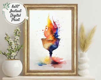 Colorful Flaming Chalice Digital Art Print, UU Wall Décor, Unitarian Universalist Watercolor Symbol, Pagan Altar Painting, Instant Download