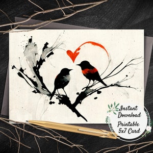 Love Birds Printable Valentine's Day Greeting Card, Romance Digital Art Cards,  Postcard, Anniversary, Thinking of You, Just Because, Sumi-e