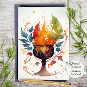 Watercolor Leaves Unitarian Universalist Flaming Chalice, UU Cup Printable Greeting Card, Rainbow Vine Digital Art Postcard, Wiccan Goblet