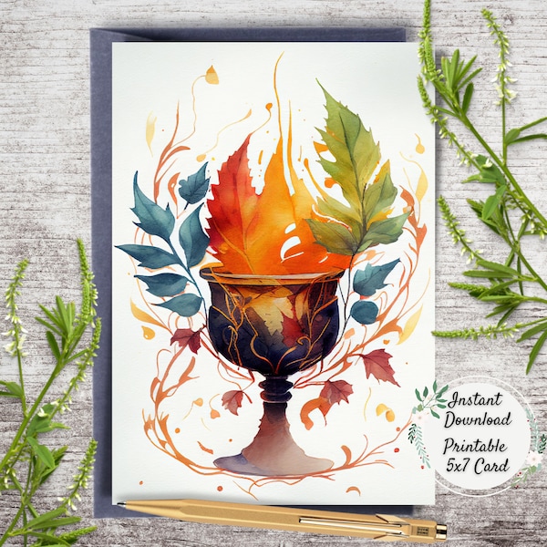 Watercolor Leaves Unitarian Universalist Flaming Chalice, UU Cup Printable Greeting Card, Rainbow Vine Digital Art Postcard, Wiccan Goblet