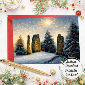 Celtic Standing Stones Printable Winter Solstice Greeting Card, Unitarian Universalist Digital Art Postcard, Xmas Holiday Cards, Pagan Yule