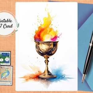 UU Gold Flaming Chalice Printable Greeting Card, Unitarian Universalist Rainbow Digital Card, Blank Holiday Watercolor Thank You Note Cards