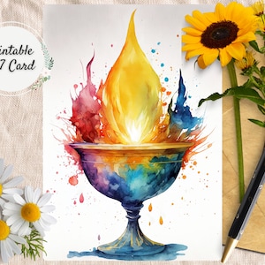 UU Teal Flaming Chalice Printable Greeting Card, Unitarian Universalist Rainbow Digital Card, Blank Holiday Watercolor Thank You Note Cards
