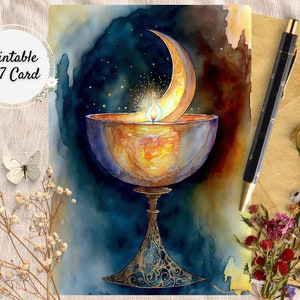 UU Crescent Moon Flaming Chalice Printable Greeting Card, Unitarian Universalist Digital Card, Blank Holiday Watercolor Thank You Note Cards