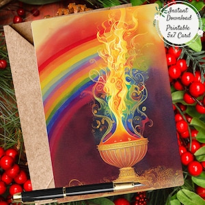 Unitarian Universalist Holiday Greeting Card, Rainbow Flaming Chalice, Winter Solstice, UU Xmas, Digital Art Postcard, Printable Christmas