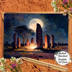 African Stone Circle Printable Greeting Card, Black History Month Digital Art, UU Cards, Standing Stones Postcard, Wassu Gambia Stonehenge