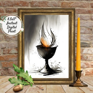 Black Watercolor Gold Flaming Chalice Digital Art Print, UU Printable Wall Décor, Unitarian Universalist Colorful Artwork, Pagan Wicca Altar
